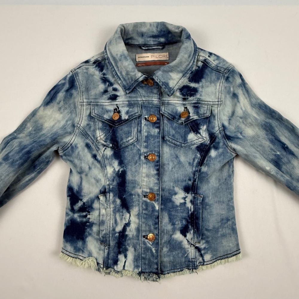 Anthropologie Pilcro Blue Tie Dye Denim Jacket XS Raw Hem Acid Wash Cropped - Picture 4 of 13